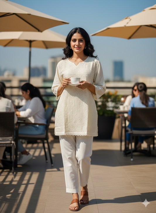 Ivory Hand-Embroidered Chikankari Top with Matching Lace Details