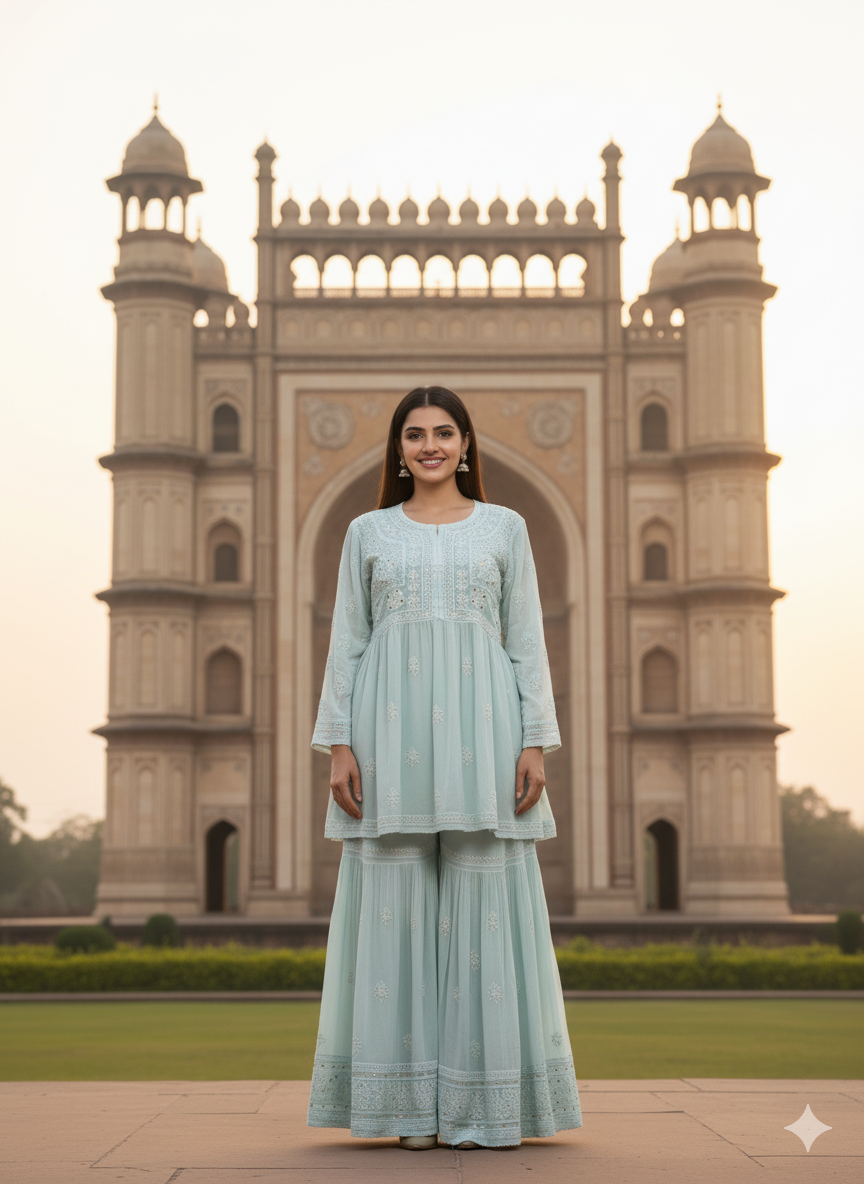 Georgette Sea Green Chikan Embroidery Kurta Gharara Set - SHILVIKA