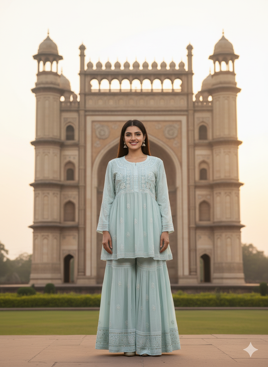 Georgette Sea Green Chikan Embroidery Kurta Gharara Set
