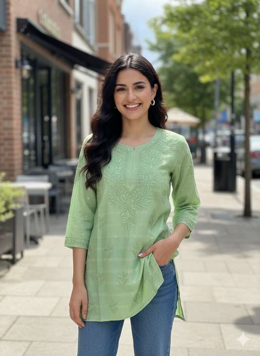 Green Chikankari Top with Embroidery – 3/4 Sleeve