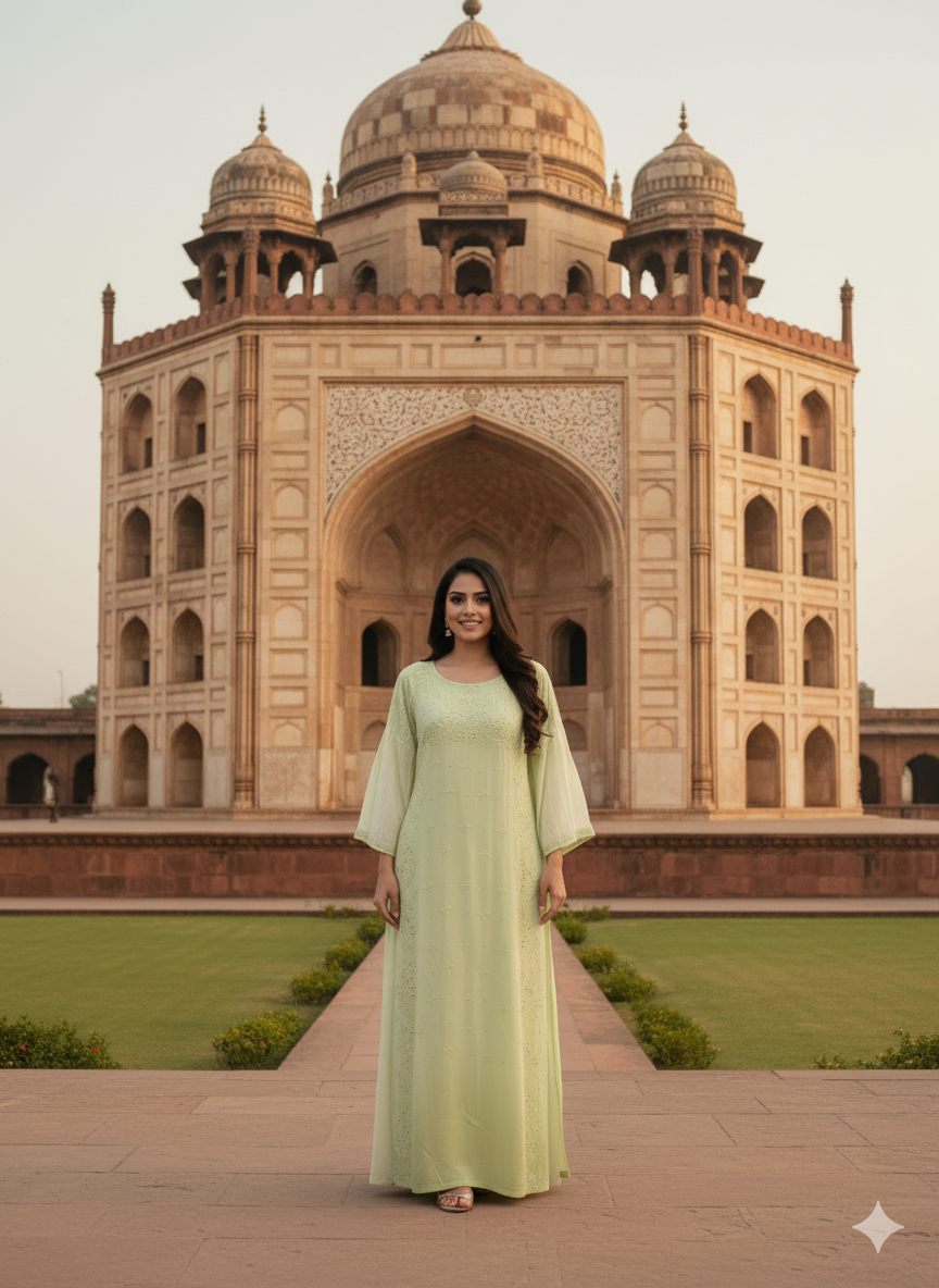 Handcrafted Chikankari Dress with Smocked Sleeves - Shaded Green - SHILVIKA
