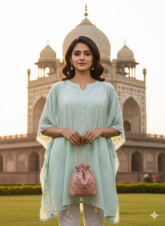 Sea Green Georgette Short Kaftan with Chikankari Embroidery