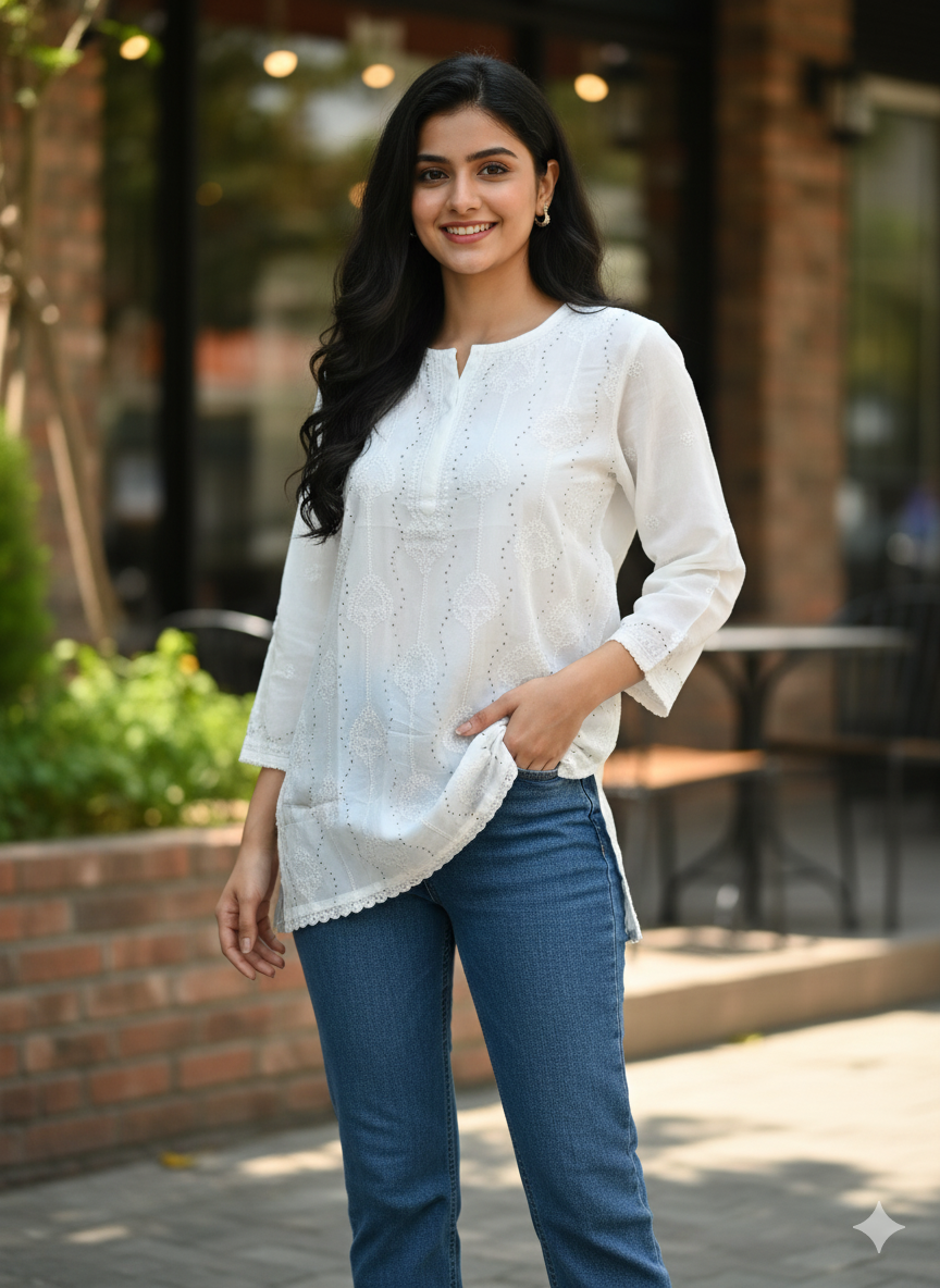 White Chikankari Tunic with Mukaish, Jali & Lace Details