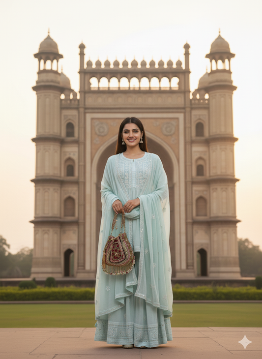 Georgette Sea Green Chikan Embroidery Kurta Gharara Set
