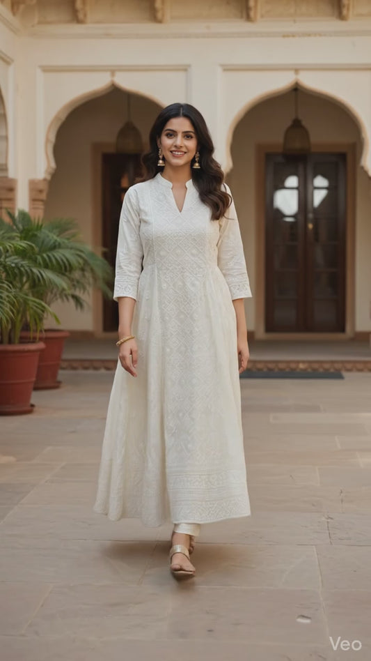 Handcrafted Ivory Chanderi Lucknowi Anarkali Dress with Chanderi Pants and Organza Zari Dupatta